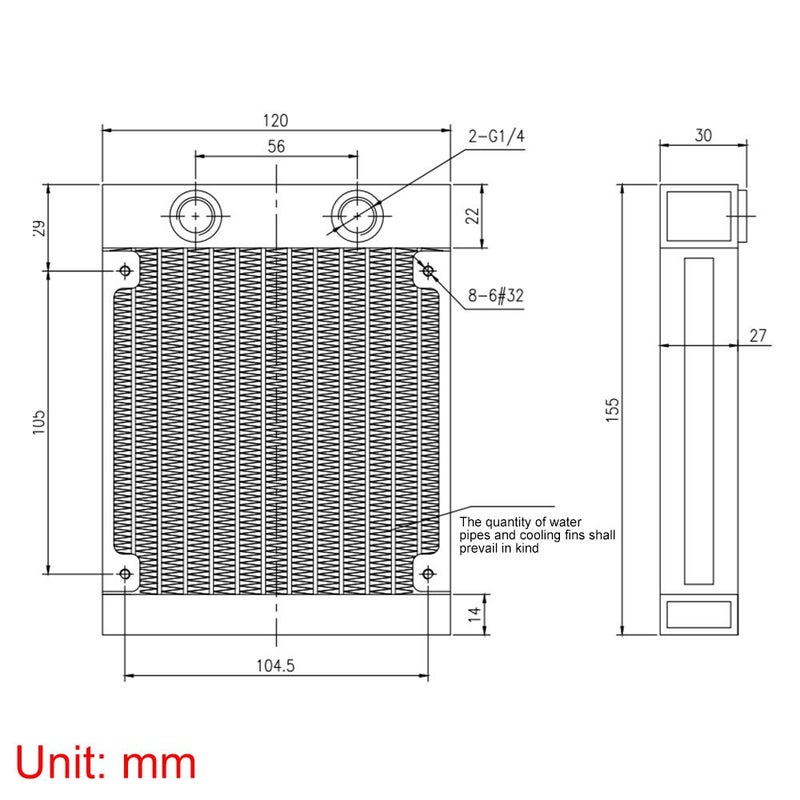 CLYXGS 120mm Black Aluminum Water Cooling Radiator, 12 Pipe G1/4 Thread Heat Exchanger for PC CPU Cooling System - Image 4